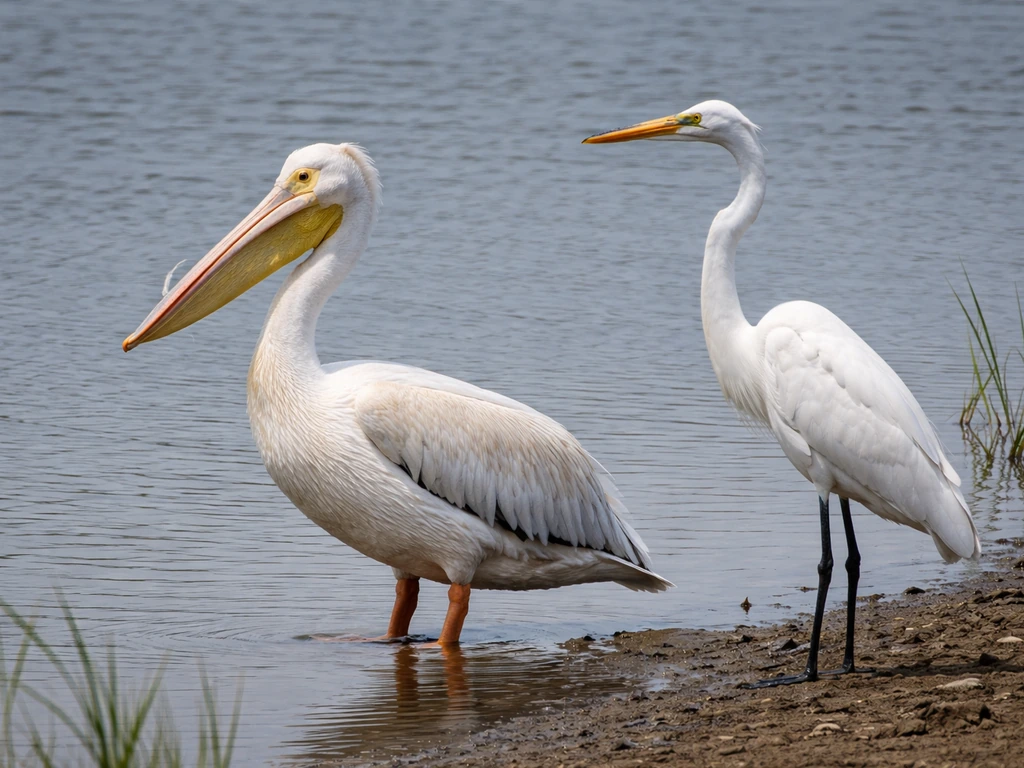Pelican and stork standing by shallow water, showing clear bill and neck differences.
