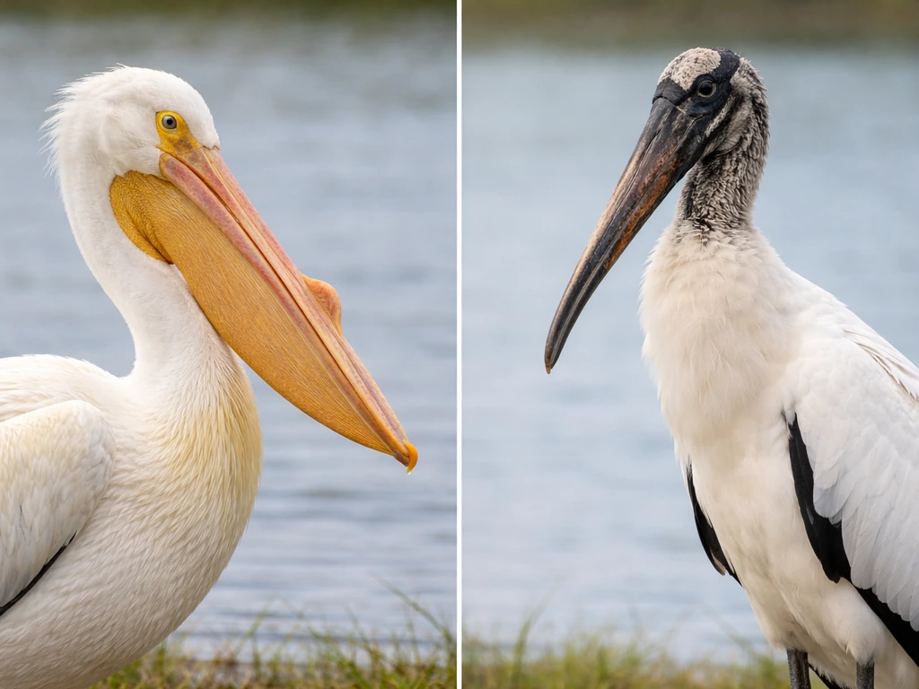 Minimal side-by-side photo of a pelican and a stork showing key field marks: bill/gular pouch, neck, and body silhouette