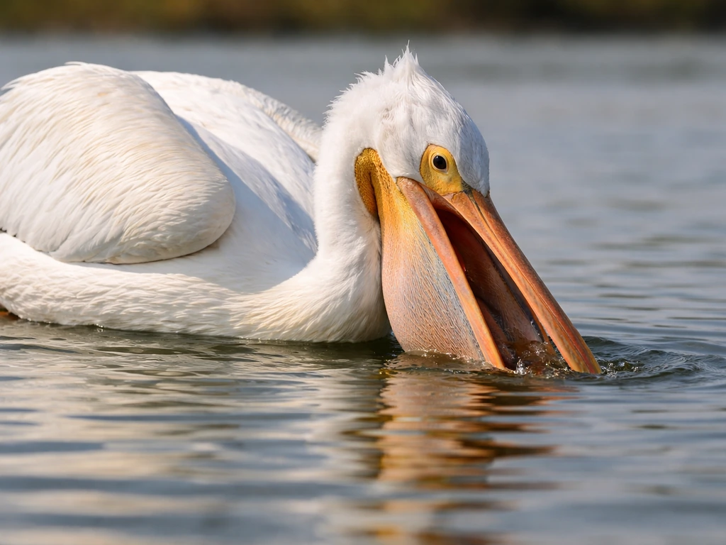 Close-up of a white pelican dipping its bill into the water, gular pouch visible as it scoops fish.