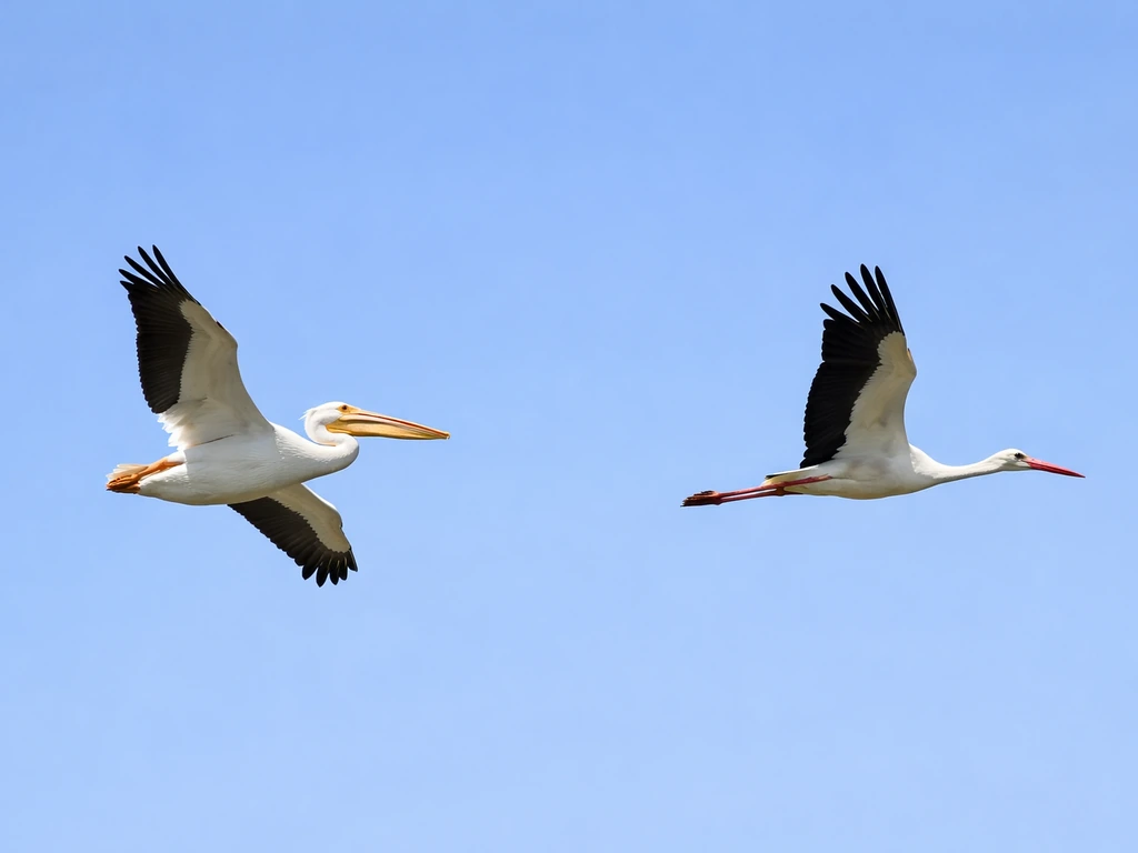 American white pelican and stork gliding in flight, showing different neck and body posture.
