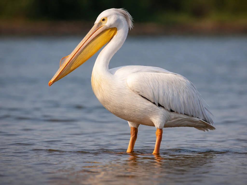 Close-up of a large bird’s bill and legs in shallow water, showing whether a bill pouch is visible.