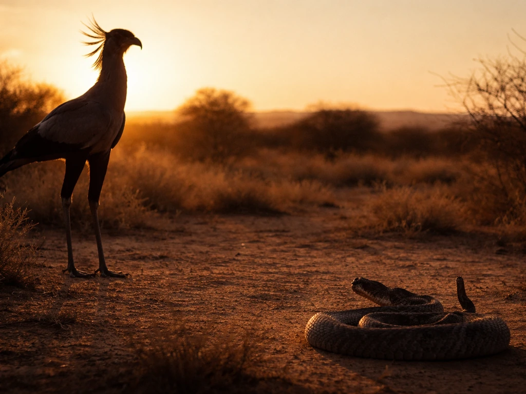 Upright secretary bird silhouette with long legs beside a grounded coiled rattlesnake on dusty ground