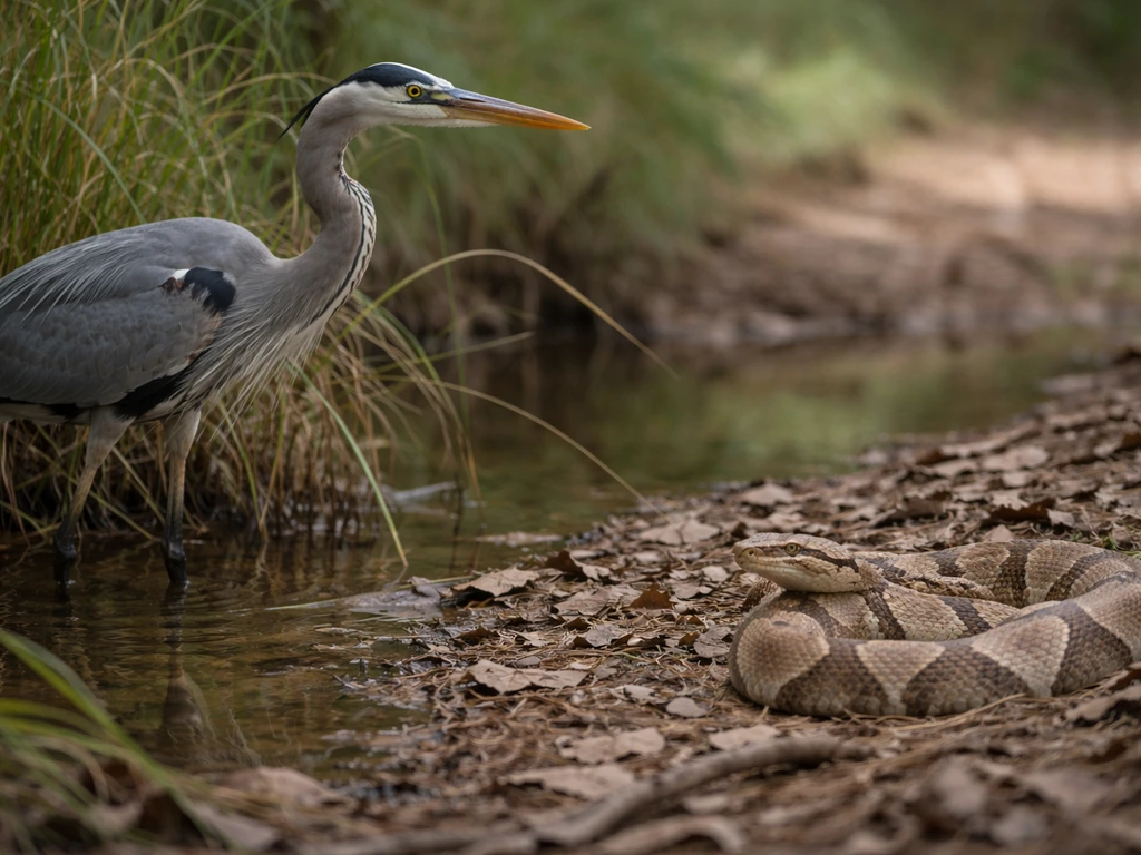 Heron-like bird in shallow water beside a camouflaged snake coiled in leaf litter.