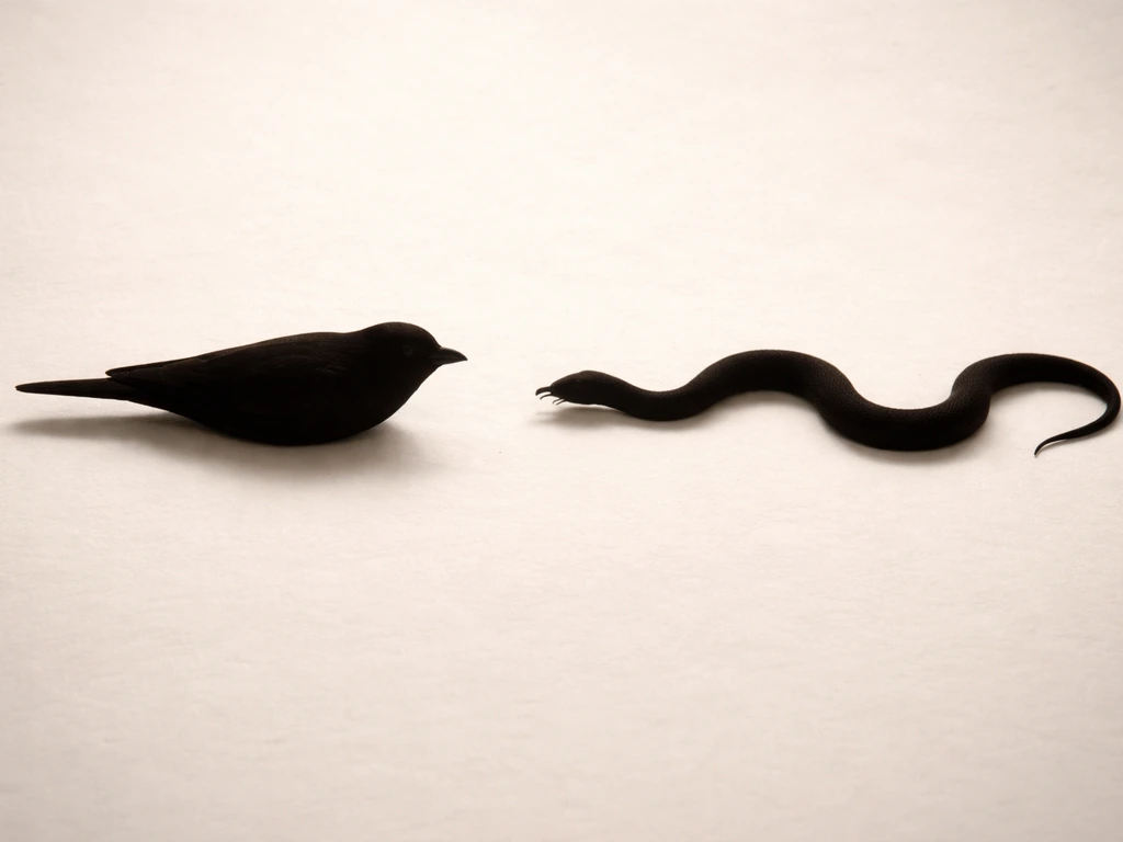 Side-by-side silhouettes of a streamlined bird and an elongated snake predator body form against a plain backdrop.
