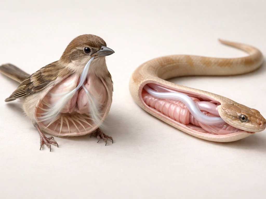Bird and snake side-by-side with subtle transparent overlays suggesting similar respiratory and locomotion roles.