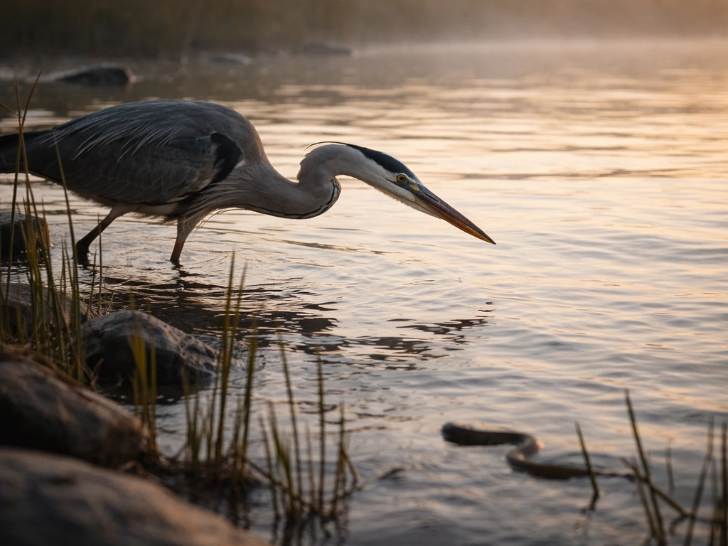 Great blue heron stalking prey at the water’s edge as it moves silently like a snake approaching