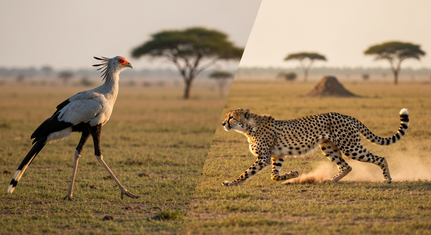 Secretary bird standing in savanna at left and a cheetah sprinting at right in a golden-hour landscape