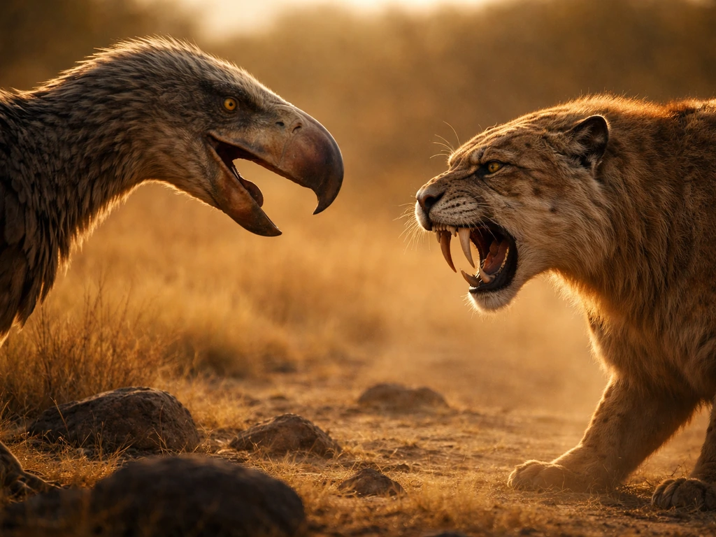 Phorusrhacos and Smilodon face off in a tense prehistoric standoff, beak and saber canines emphasized.