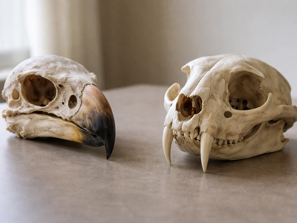 Side-by-side photo of a predatory terror bird skull profile and a cat skull with saber canines.