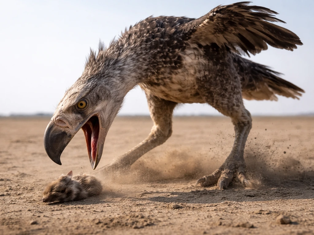 A realistic terror bird snapping its hatchet-like beak in a fast hunting strike toward prey.