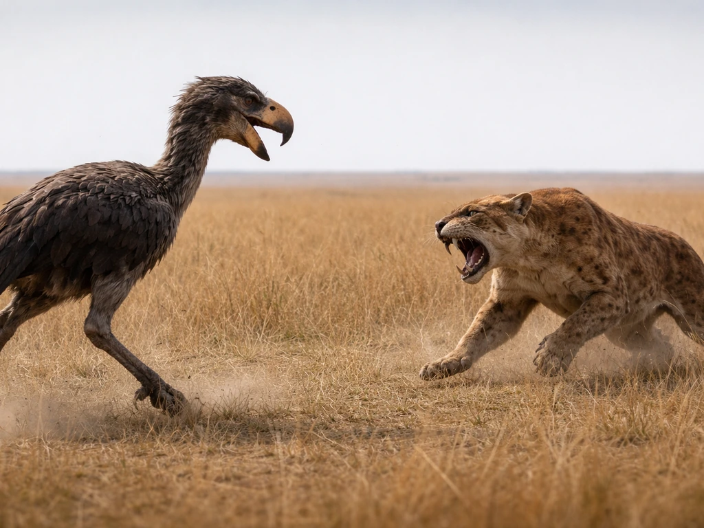 Two prehistoric predators clash in open grassland—terror bird keeping distance while a saber-toothed cat closes in.