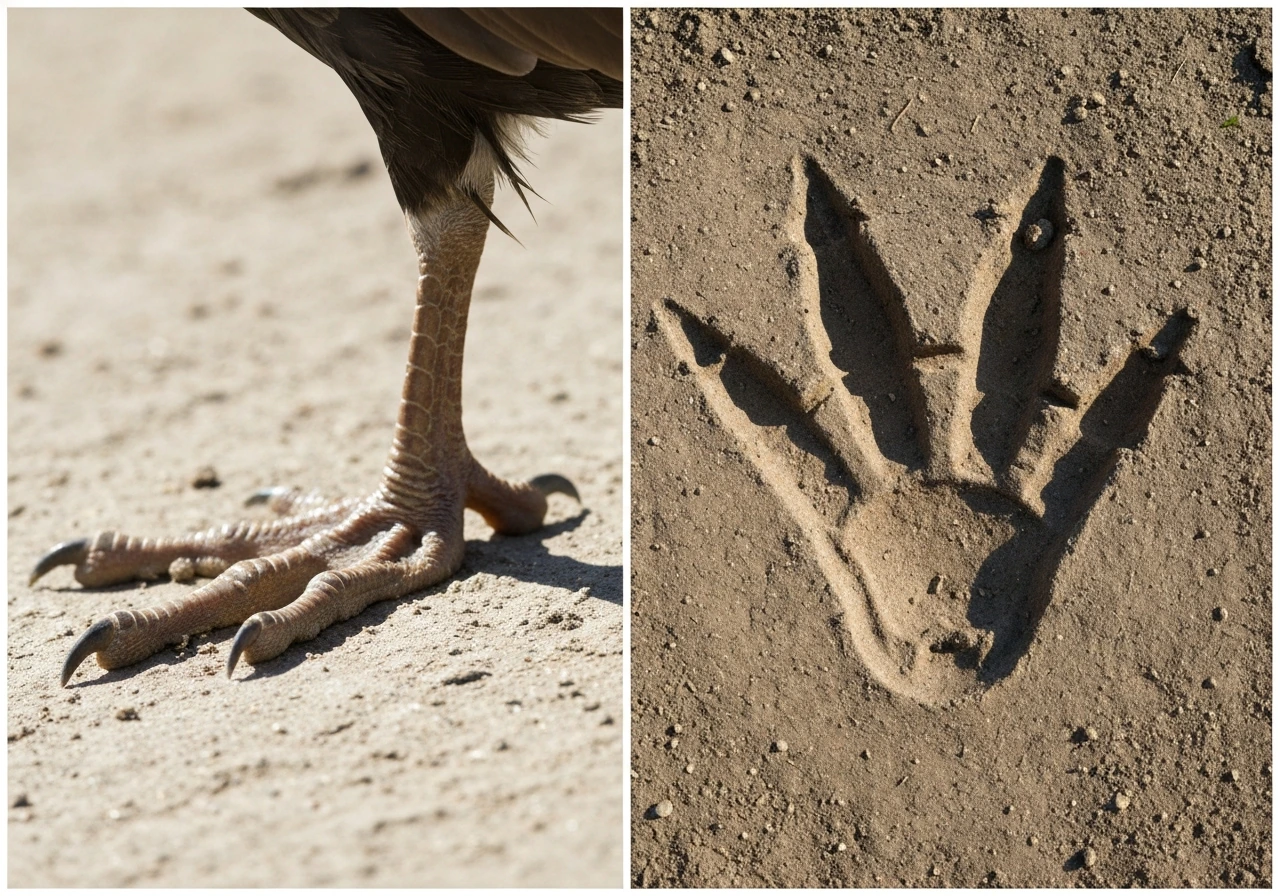 Split-screen close-ups: a modern bird foot vs a theropod dinosaur track impression in earth.