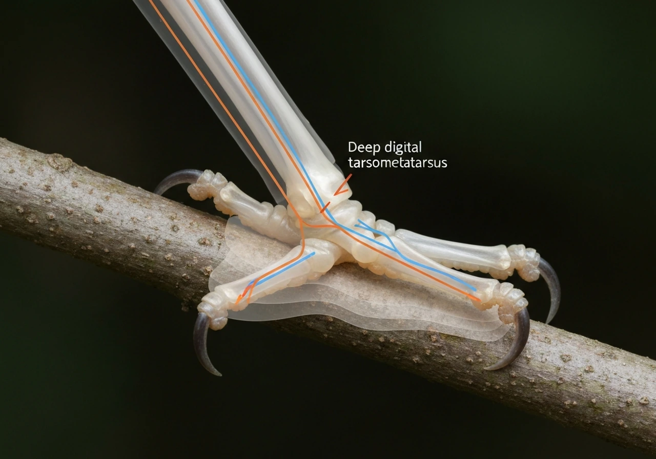 Close-up view of a bird foot with tendons flexing toes, showing force transfer to the claws.