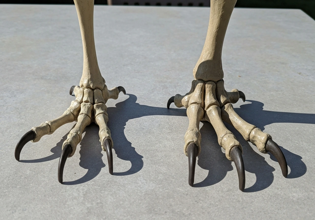 Adjacent close-up models of a bird foot and a theropod dinosaur foot showing shared clawed toes.