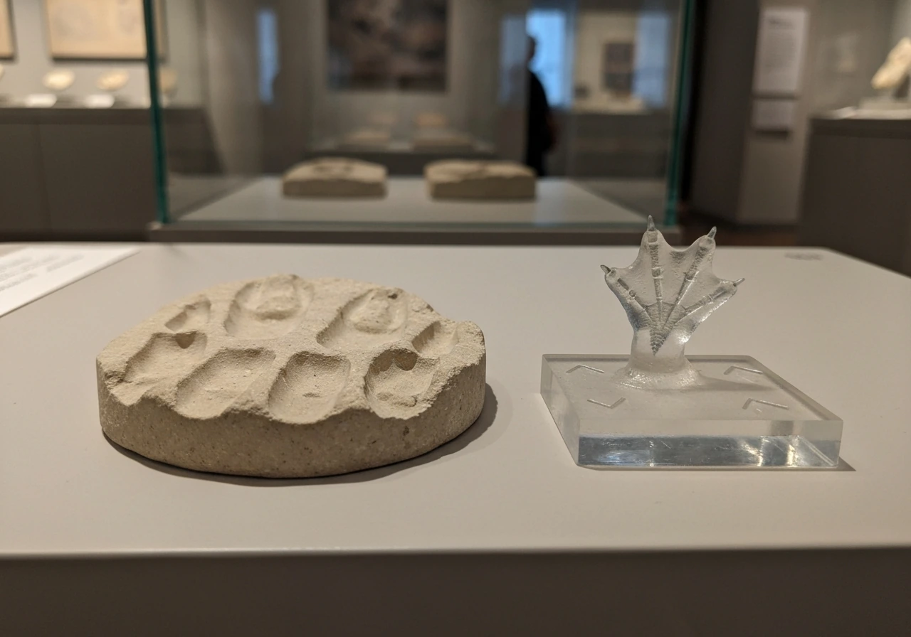 Museum exhibit showing a fossil trackway cast beside a modern bird foot impression, with clear matching cues.