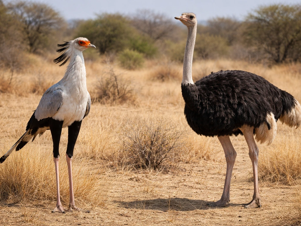 Secretary bird and ostrich side-by-side in an African savanna habitat, clear visual differences