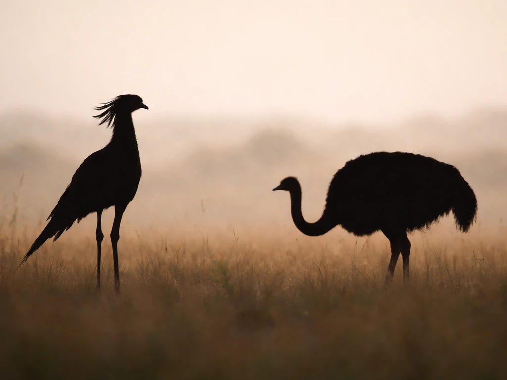 Side-by-side silhouettes of a secretary-bird-like raptor and an ostrich against a blurred savanna background.