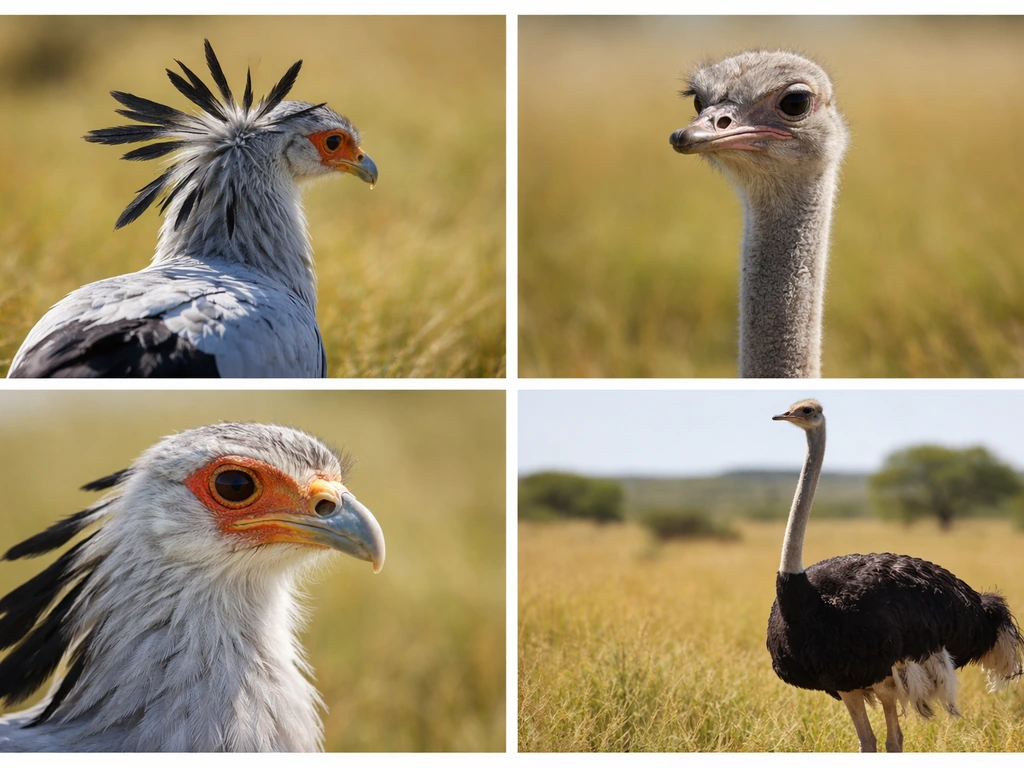 Split-view photo checklist for secretary bird vs ostrich showing crest and hooked face markers