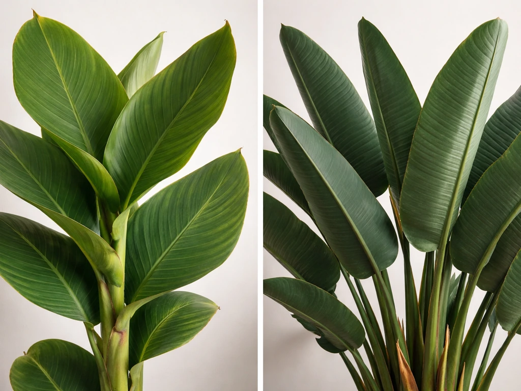 Side-by-side close-up of canna’s spiral paddle leaves on cane stems and bird of paradise fan leaves.