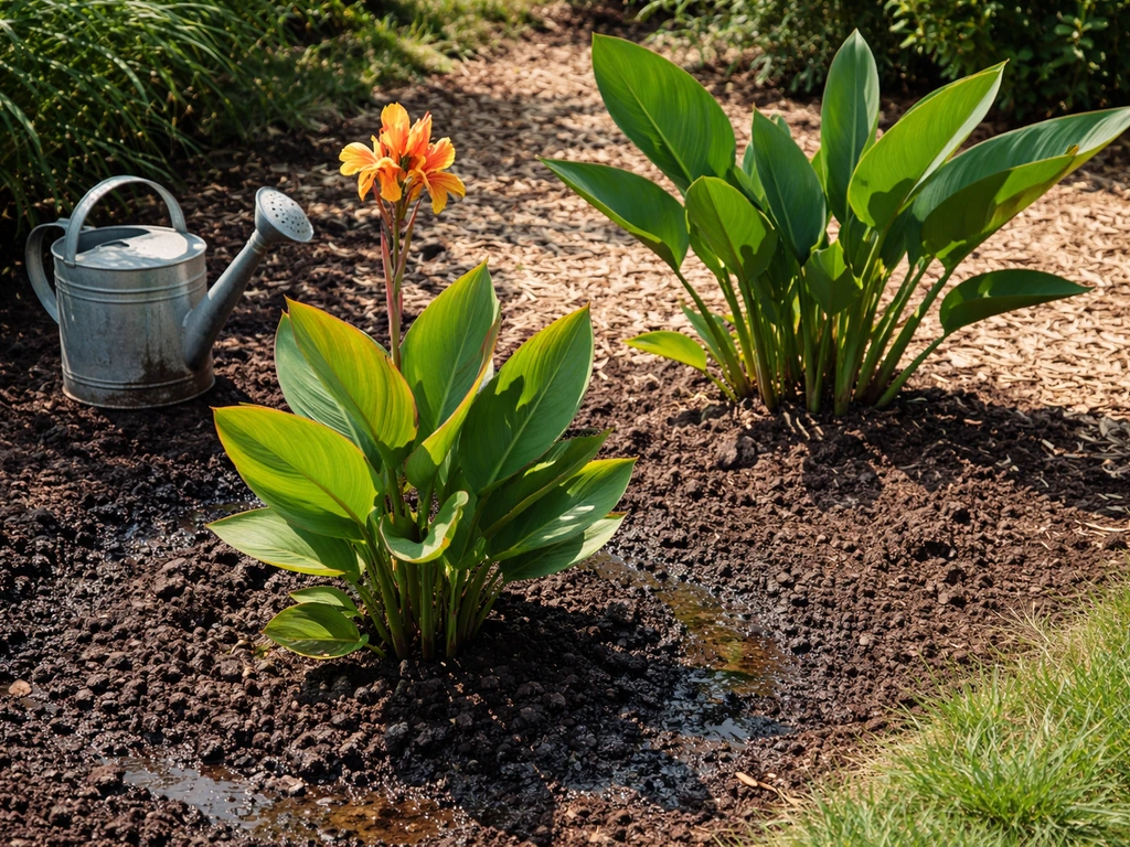 Outdoor garden bed with canna lily and bird of paradise, rich soil and watering can for consistent moisture.
