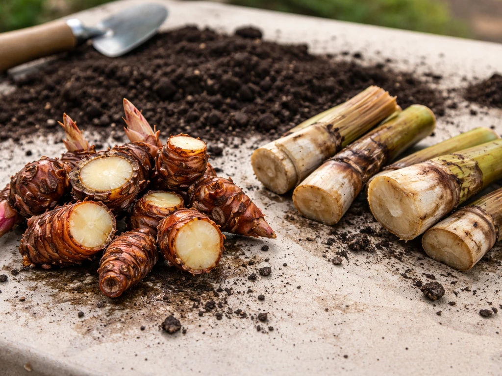 Freshly divided canna lily rhizomes alongside bird of paradise rhizome/crown sections on soil