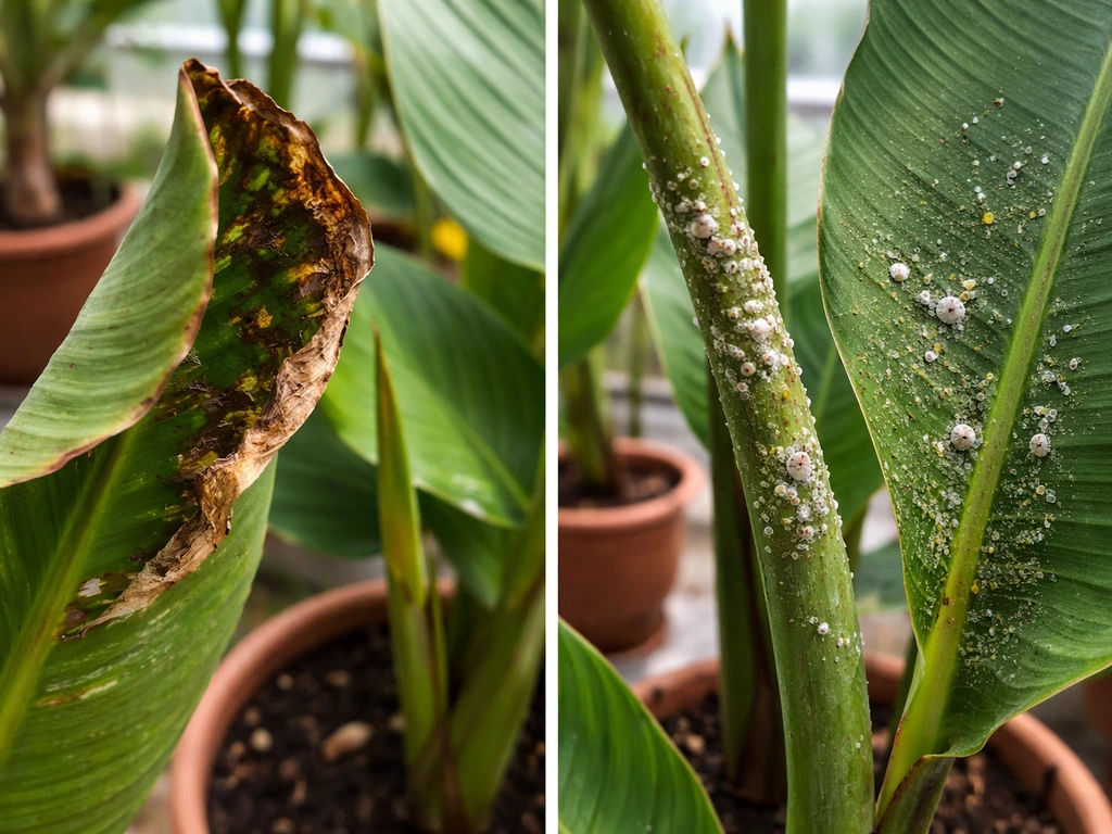 Close-up of plant stems and leaves showing brown leafroller feeding damage and tiny mealybugs on greenery.