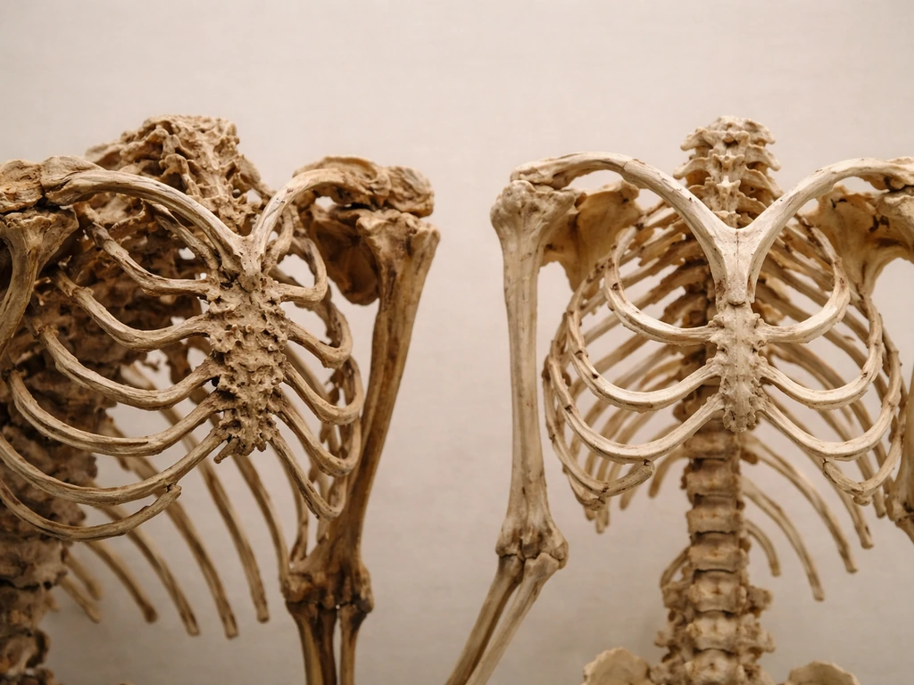 Two adjacent skeletal displays showing a dinosaur-like wishbone and hollow, cavity-like bones.