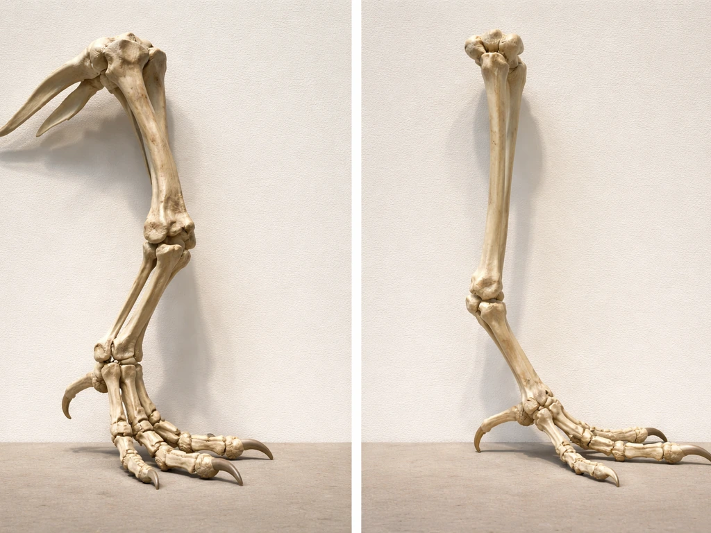 Side-by-side photo-style views of a theropod hindlimb and a bird foot showing toe and hallux arrangement