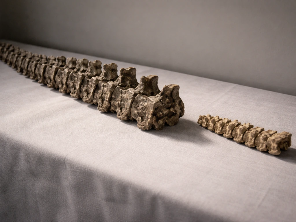 Close-up of fossil tail vertebrae of a long non-avian theropod next to shorter bird tail bones.