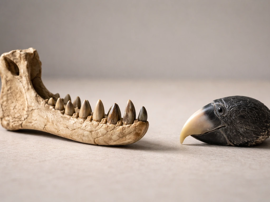 Reconstructed dinosaur-like theropod jaw with teeth beside a modern bird beak on a neutral background.