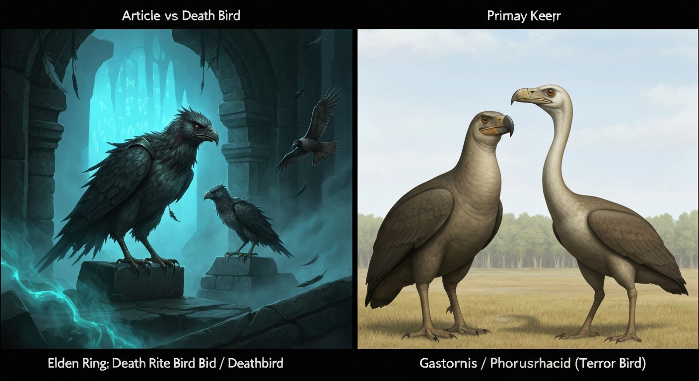 Split-scene illustration: Elden Ring–style Death Rite Bird (dark, rune-glowing) and Deathbird on the left; realistic Gastornis (blunt beak) and a phorusrhacid terror bird (hooked beak, long legs) in a Paleogene landscape on the right.