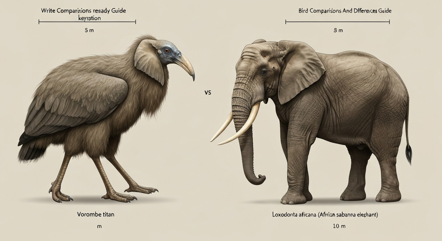 Illustration comparing a Vorombe titan elephant bird and an African savanna elephant side-by-side with scale bars and labels.