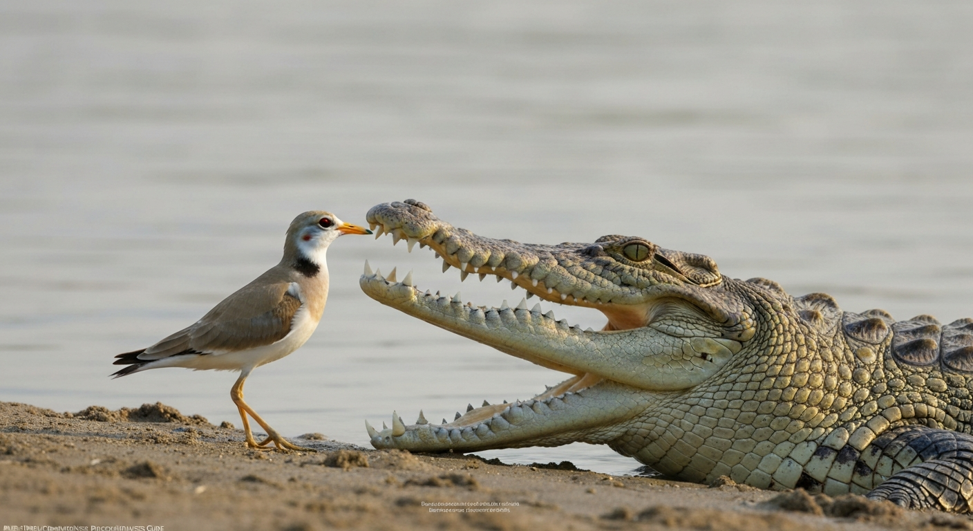 Egyptian plover standing at the edge of an open-mouthed Nile crocodile on a riverbank; bird is on the snout, not inside the mouth.