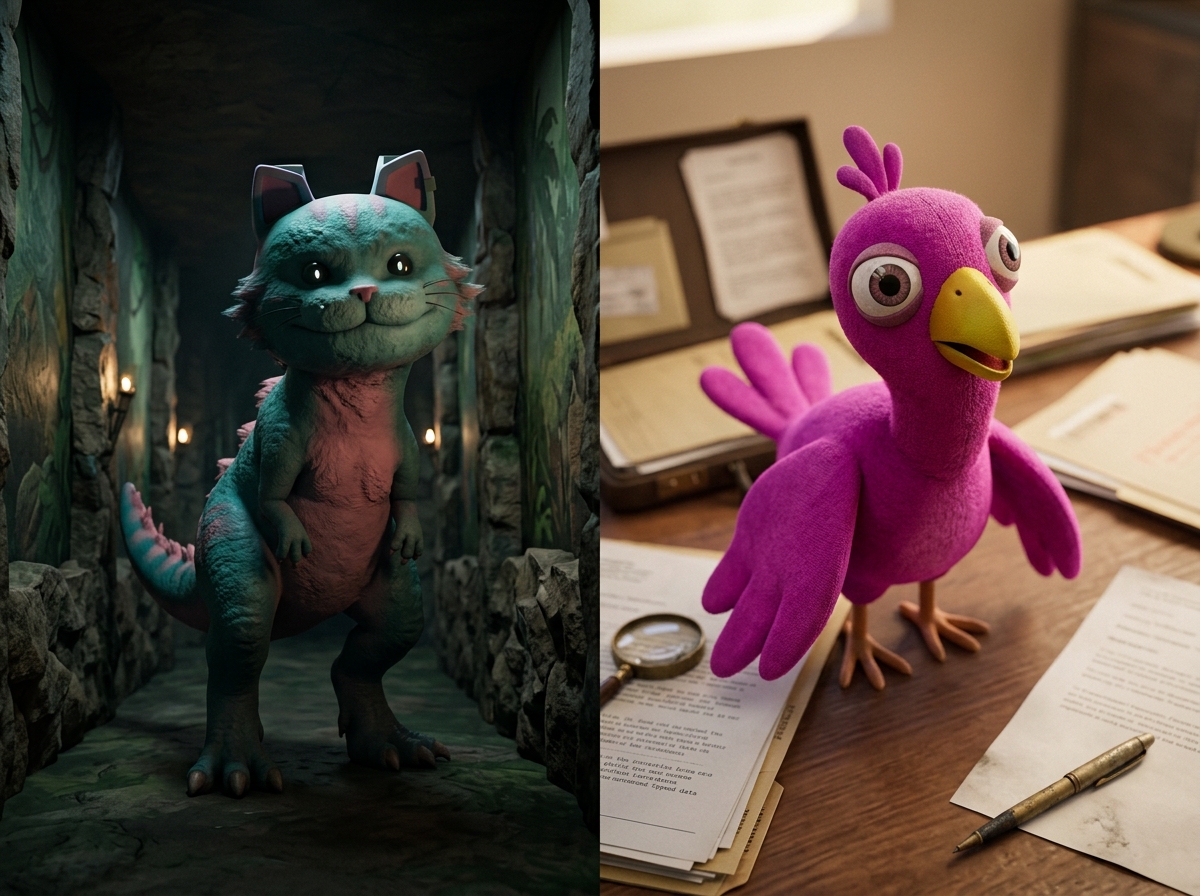 Side-by-side comparison of Kittysaurus and Opila Bird in contrasting in-game environments.