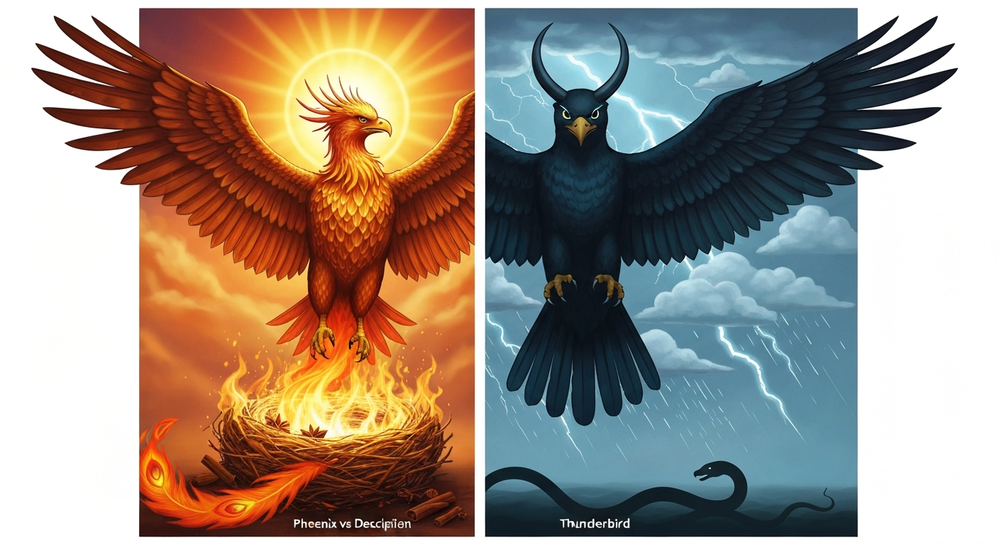 Split illustration: phoenix rising from flames on the left and a thunderbird summoning a storm on the right, contrasting fire and storm.
