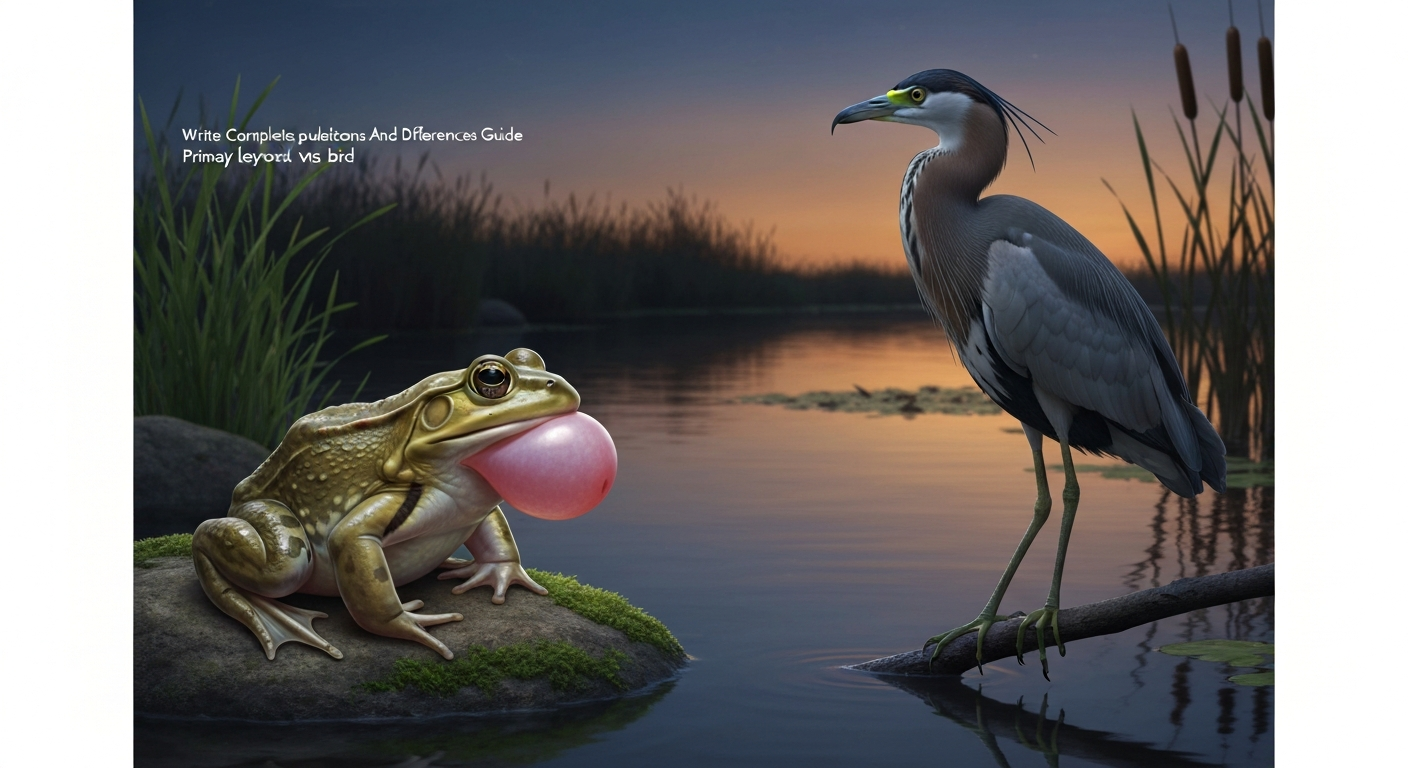 Dusk pond scene showing a wet-skinned American bullfrog on a rock (visible tympanum and inflated vocal sac) and a feathered wetland bird perched on a branch, highlighting differences in skin, limbs, and posture.